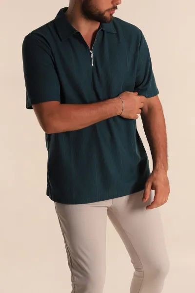 Petrol Relaxed Fit Çizgi Dokulu Fermuarlı Polo Yaka Erkek Tişört 278929