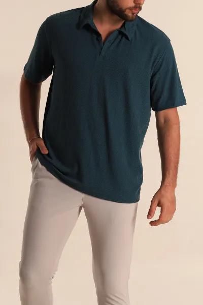 Petrol Relaxed Fit Desenli Polo Yaka Erkek Tişört 279208