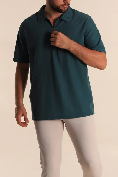Petrol Relaxed Fit Fermuarlı Polo Yaka Erkek Tişört 279202