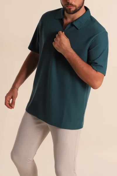 Petrol Relaxed Fit Fermuarlı Polo Yaka Erkek Tişört 279202
