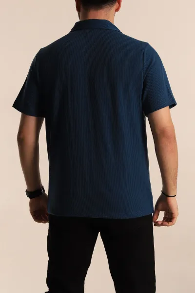 Petrol Relaxed Fit Fitilli Doku Fermuarlı Polo Yaka Erkek Tişört 268313