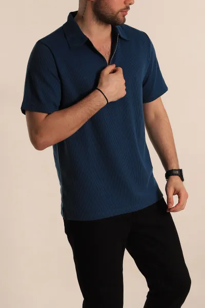 Petrol Relaxed Fit Fitilli Doku Fermuarlı Polo Yaka Erkek Tişört 268313