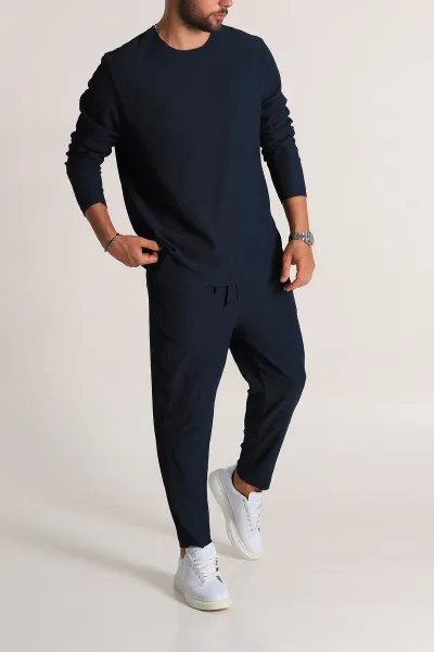 Petrol Relaxed Fit Fitilli Dokulu Erkek Eşofman Takımı 300072