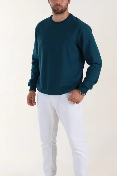 Petrol Relaxed Fit İki İp Şardonsuz Basic Erkek Sweatshirt 398127