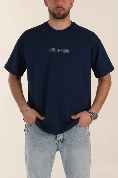 petrol-relaxed-fit-interlok-kumas-yazi-detayli-erkek-tisort-359317