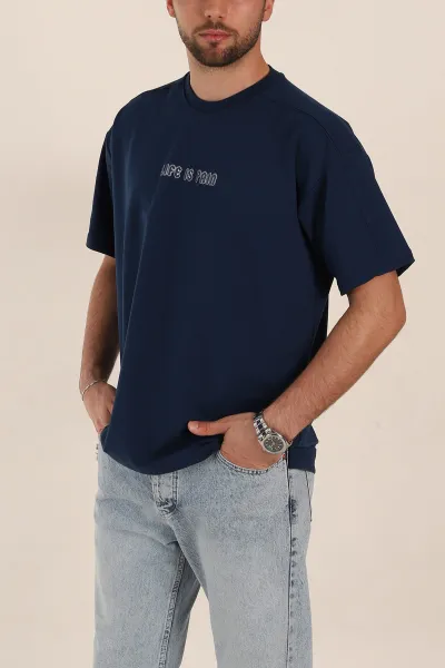Petrol Relaxed Fit İnterlok Kumaş Yazı Detaylı Erkek Tişört 359317