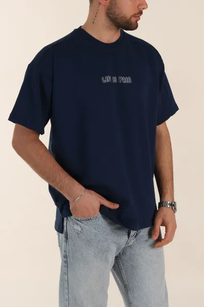 Petrol Relaxed Fit İnterlok Kumaş Yazı Detaylı Erkek Tişört 359317