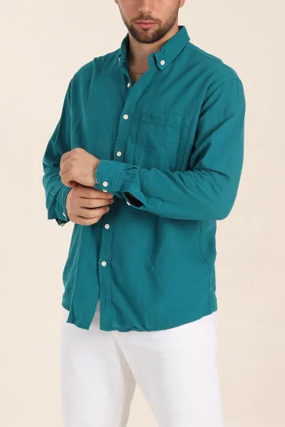Petrol Relaxed Fit Keten Cep Detaylı Erkek Gömlek 356974