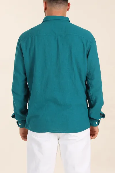 Petrol Relaxed Fit Keten Cep Detaylı Erkek Gömlek 356974