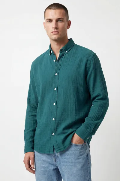 Petrol Relaxed Fit Müslin Keten Ata Yaka Erkek Gömlek 435755
