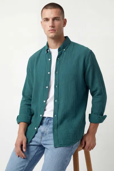 Petrol Relaxed Fit Müslin Keten Ata Yaka Erkek Gömlek 435755