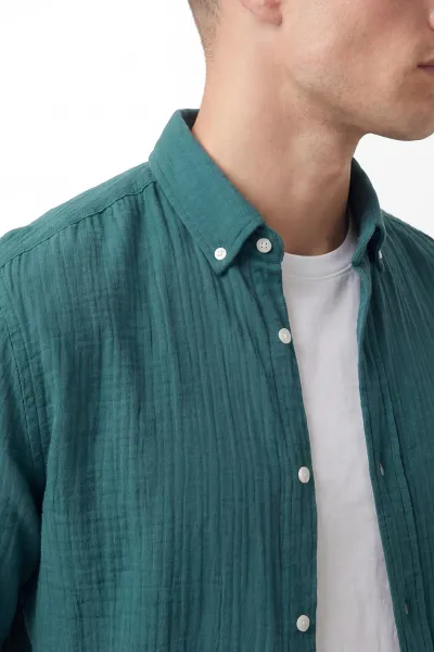 Petrol Relaxed Fit Müslin Keten Ata Yaka Erkek Gömlek 435755