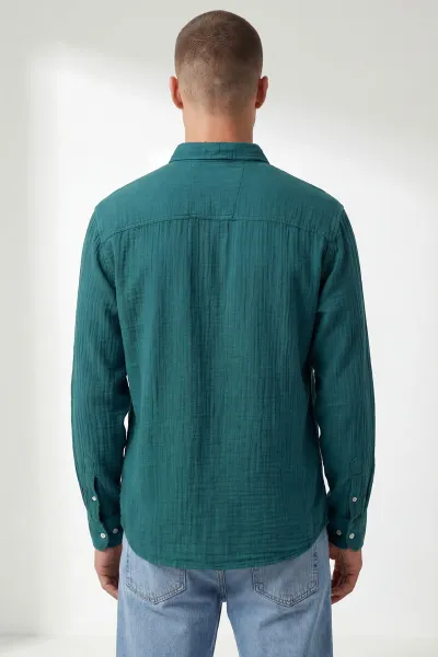 Petrol Relaxed Fit Müslin Keten Ata Yaka Erkek Gömlek 435755