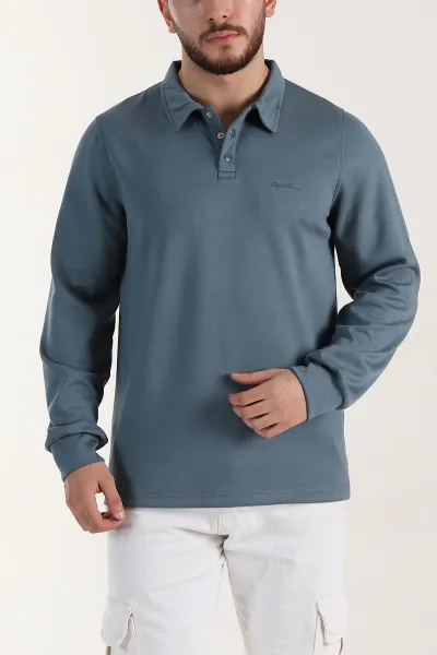 Petrol Relaxed Fit Oysho Kumaş Düğmeli Polo Yaka Erkek Sweatshirt 399521