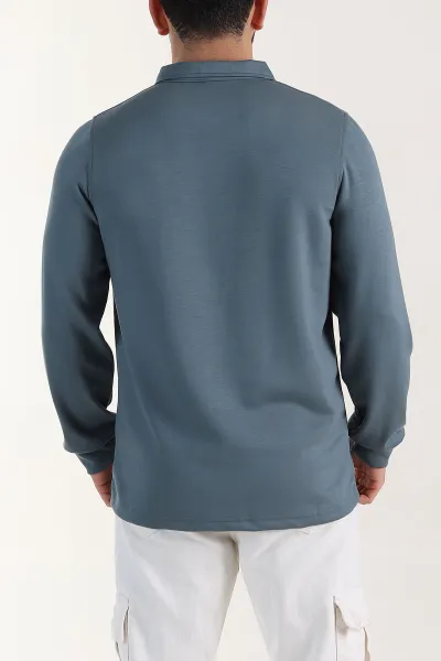 Petrol Relaxed Fit Oysho Kumaş Düğmeli Polo Yaka Erkek Sweatshirt 399521
