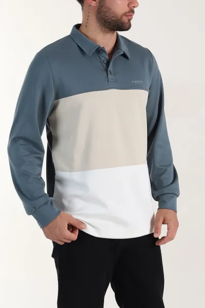 Petrol Relaxed Fit Oysho Kumaş Üç Renkli Polo Yaka Sweatshirt 399544
