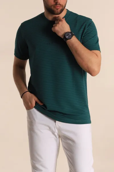 Petrol Slim Fit Çizgi Detay Likralı Erkek Tişört 268685