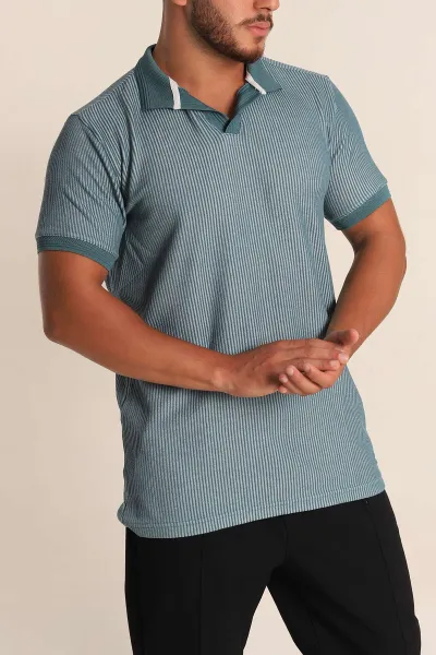 Petrol Slim Fit Fitilli Doku Polo Yaka Erkek Tişört 262705