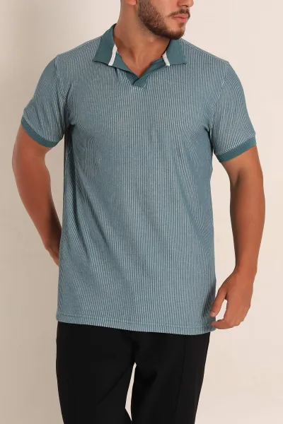 Petrol Slim Fit Fitilli Doku Polo Yaka Erkek Tişört 262705