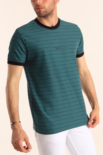 Petrol Slim Fit Kabartma Yazılı Çizgili Erkek Tişört 186846