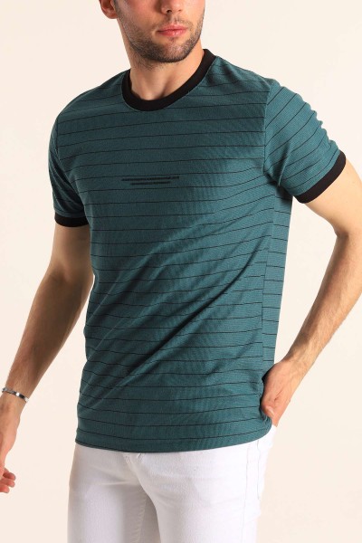 Petrol Slim Fit Kabartma Yazılı Çizgili Erkek Tişört 186846