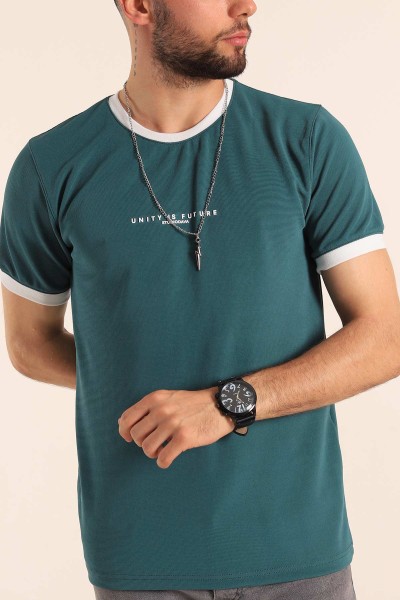 Petrol Slim Fit Kabartma Yazılı Erkek Tişört 190453