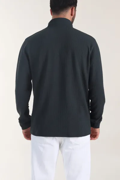Petrol Yarım Fermuarlı Dik Yaka Dokulu Erkek Sweatshirt 406820