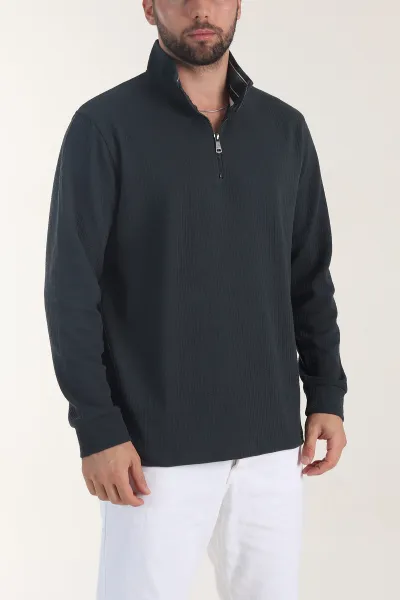 Petrol Yarım Fermuarlı Dokulu Dik Yaka Erkek Sweatshirt 406936