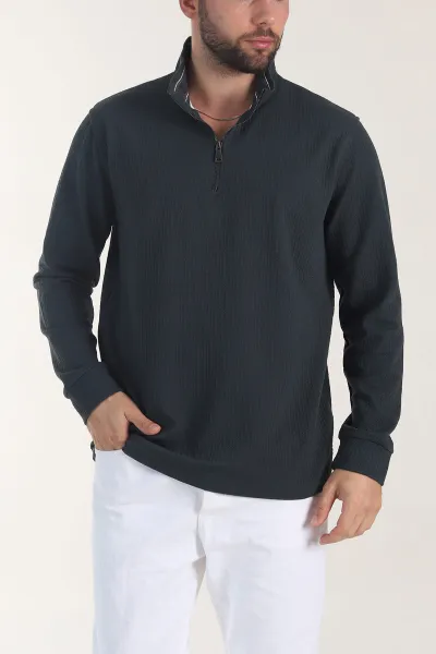 Petrol Yarım Fermuarlı Dokulu Dik Yaka Erkek Sweatshirt 406936