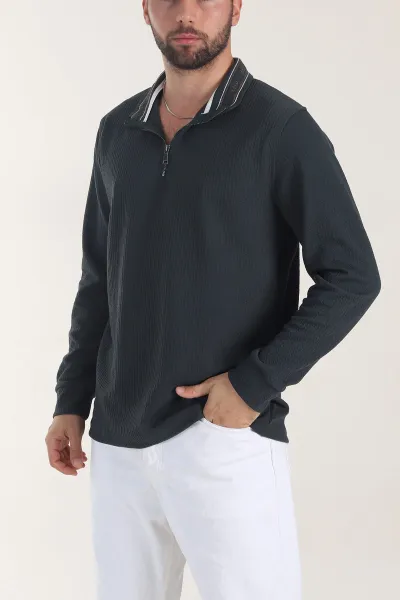 Petrol Yarım Fermuarlı Dokulu Dik Yaka Erkek Sweatshirt 406936