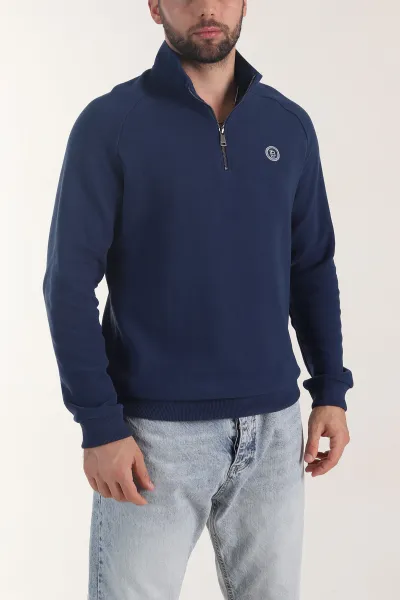Petrol Yarım Fermuarlı Nakış Detaylı Erkek Sweatshirt 406852