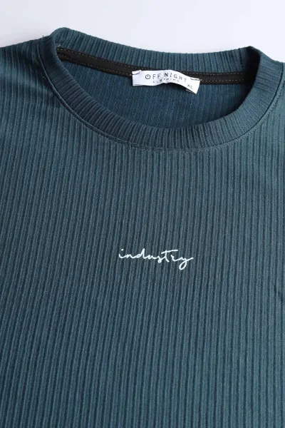 Petrol Yeşili Fitilli Bisiklet Yaka Yazı Detaylı Erkek Sweatshirt 396228