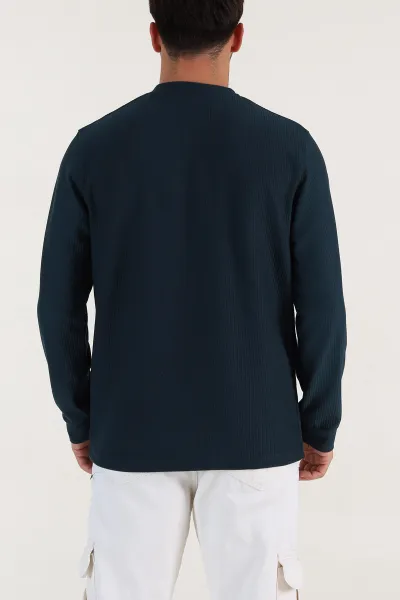 Petrol Yeşili Fitilli Bisiklet Yaka Yazı Detaylı Erkek Sweatshirt 396228