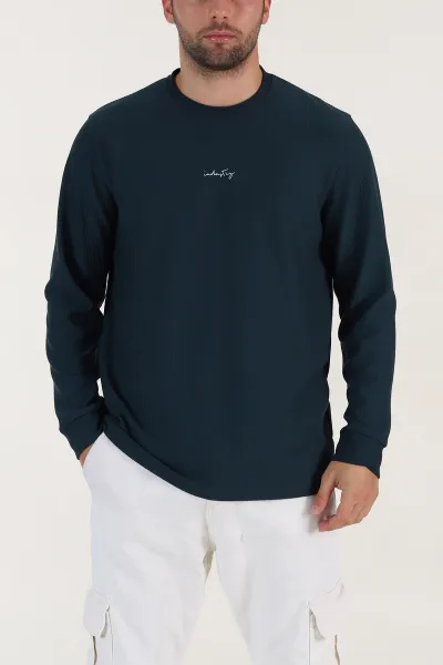 Petrol Yeşili Fitilli Bisiklet Yaka Yazı Detaylı Erkek Sweatshirt 396228