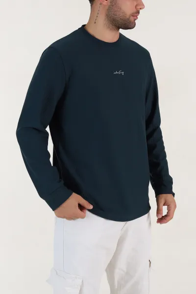 Petrol Yeşili Fitilli Bisiklet Yaka Yazı Detaylı Erkek Sweatshirt 396228