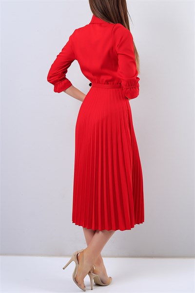 Pileli Kırmızı Elbise 16796B