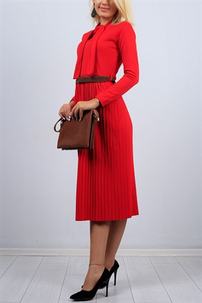 Pileli Yaka Detay Kırmızı Bayan Elbise 9550B