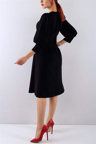 Piliseli Siyah Bayan Elbise 19326B