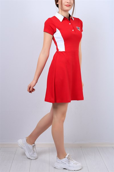 Polo Yaka Kırmızı Bayan Elbise 12723B