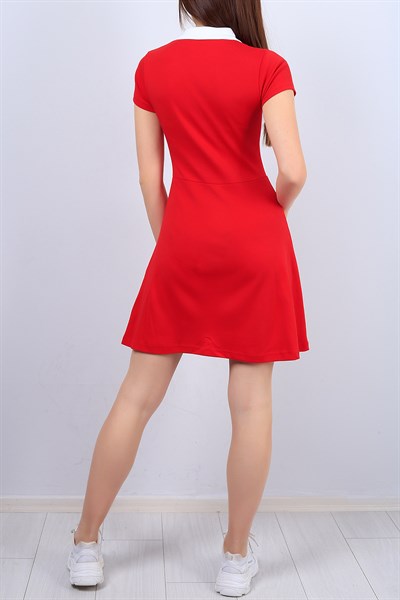Polo Yaka Kırmızı Bayan Elbise 12723B