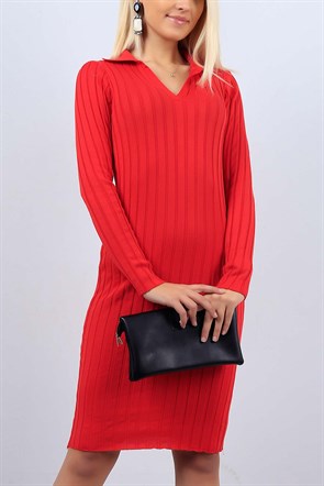 Polo Yaka Kırmızı Bayan Triko Elbise 10826B