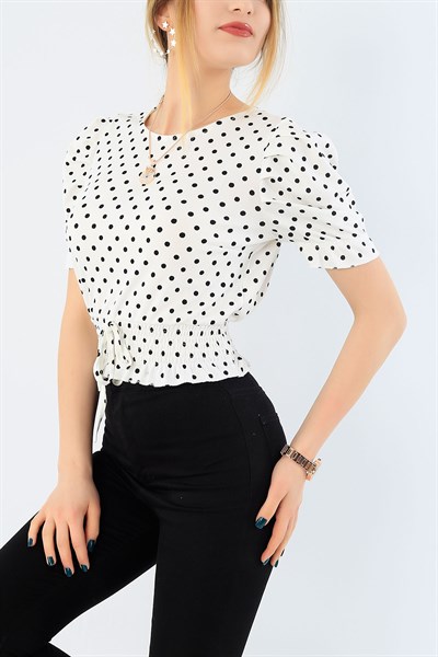 Puantiyeli Likralı Krem Bluz 29870B