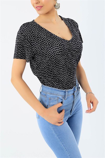 Puantiyeli Piliseli Siyah Bluz 33624