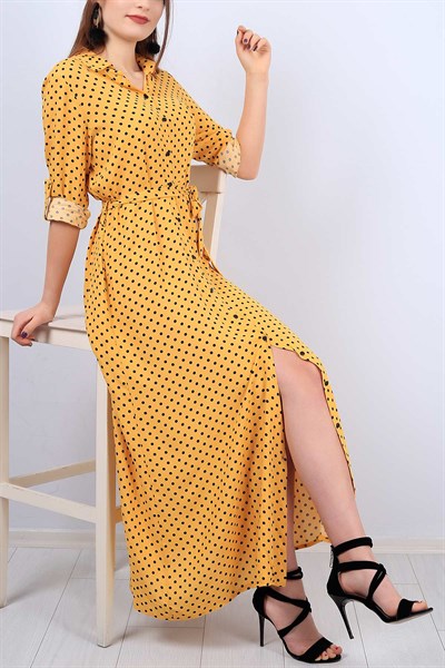 Puantiyeli Sarı Bayan Kemerli Elbise 12111B