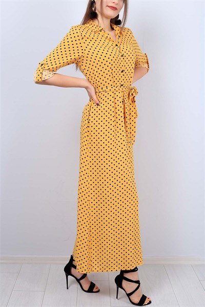 Puantiyeli Sarı Bayan Kemerli Elbise 12111B
