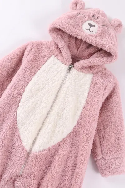 Pudra (0-12 Ay)Kapüşonu  Gülen Ayı Nakışlı  Peluş Kız Bebek Tulum 494433