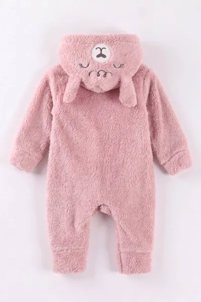 Pudra (0-12 Ay)Kapüşonu  Gülen Ayı Nakışlı  Peluş Kız Bebek Tulum 494433
