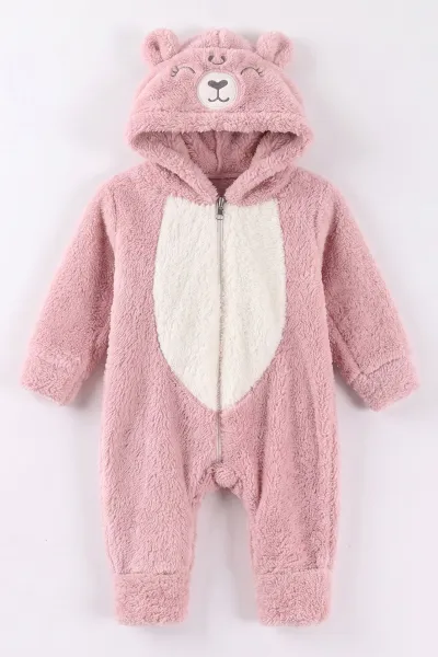 Pudra (0-12 Ay)Kapüşonu  Gülen Ayı Nakışlı  Peluş Kız Bebek Tulum 494433