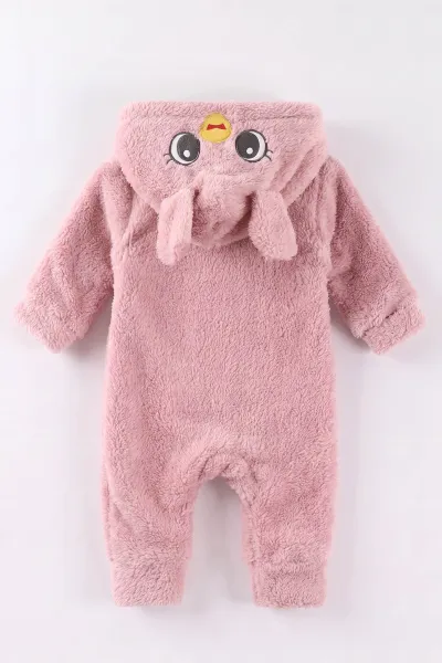 Pudra (0-12 Ay)Kapüşonu  Ördek Nakışlı  Peluş Kız Bebek Tulum 494425