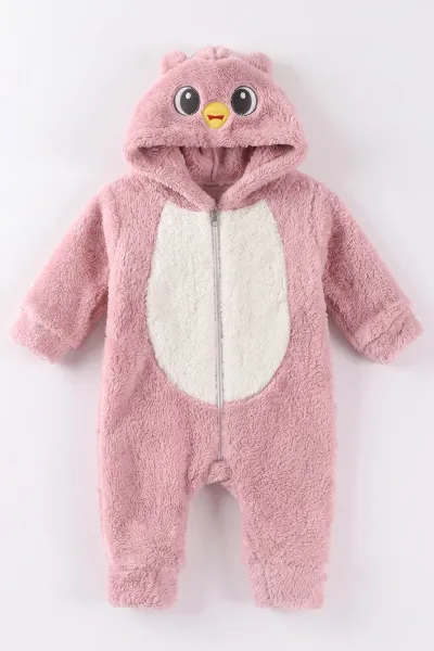 Pudra (0-12 Ay)Kapüşonu  Ördek Nakışlı  Peluş Kız Bebek Tulum 494425